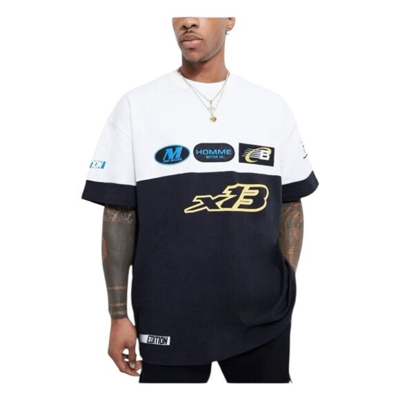Boohoo Man Oversized Multi Badge Moto Graphic Tee M - Picture 1 of 9